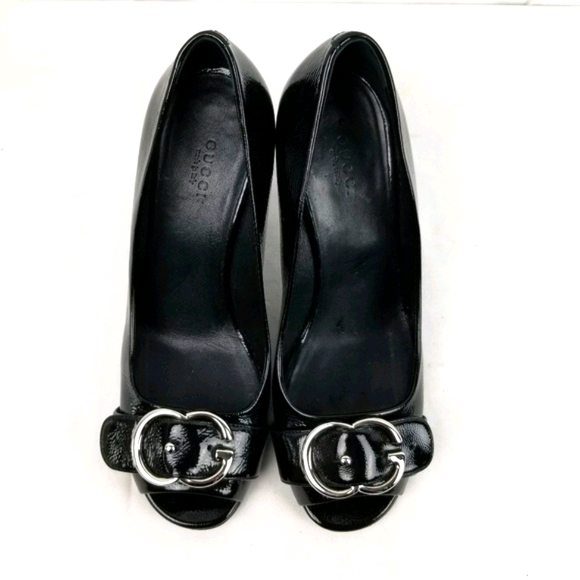 Gucci Black Patent Leather Peep Toe Block Heels Pumps size 38.5 - Picture 4 of 9